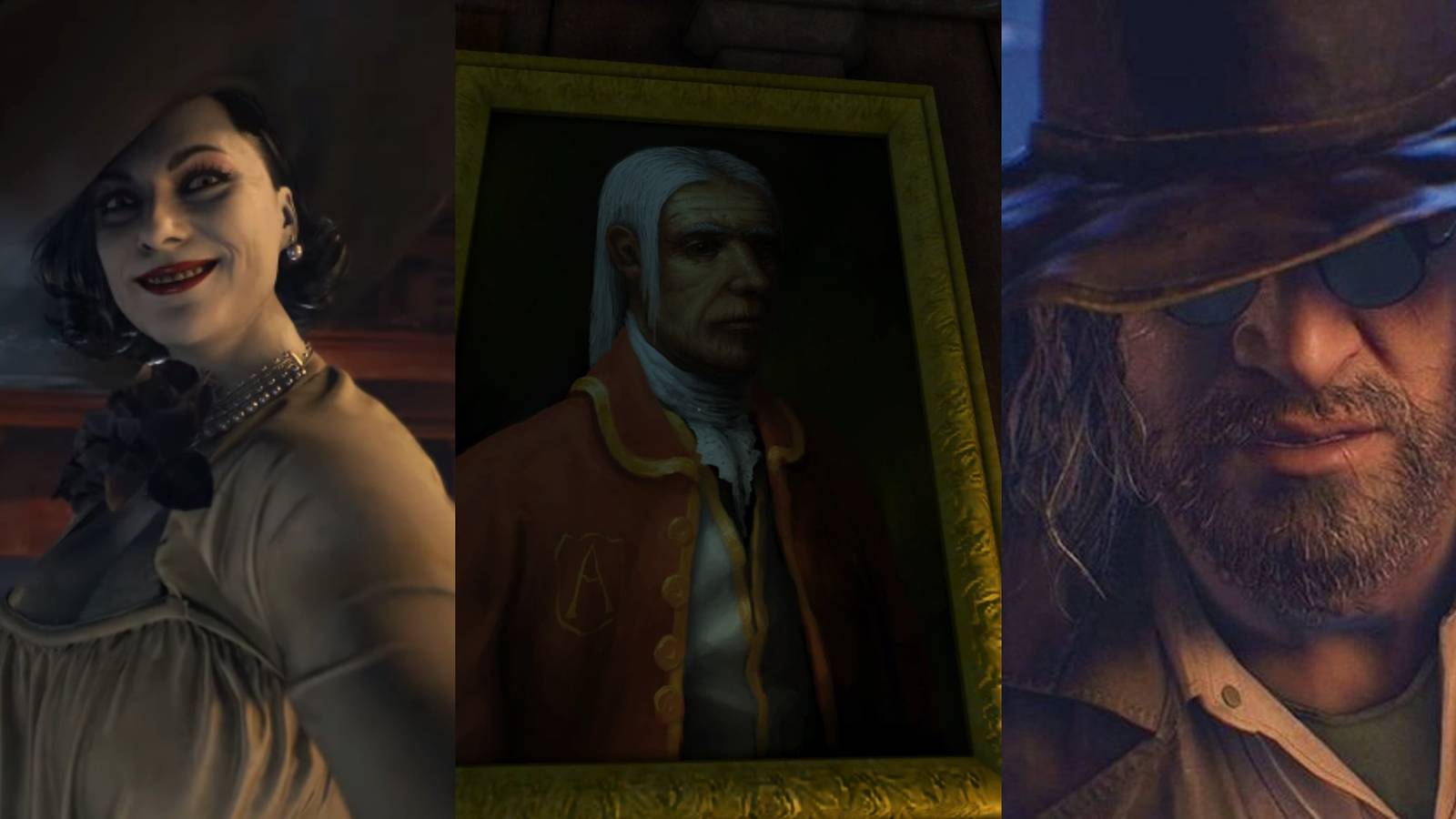 Horror Game Villains Inspired By Real People Split Featured Lady Dimitrescu, Alexander of Brennenburg, and Karl Heisenberg