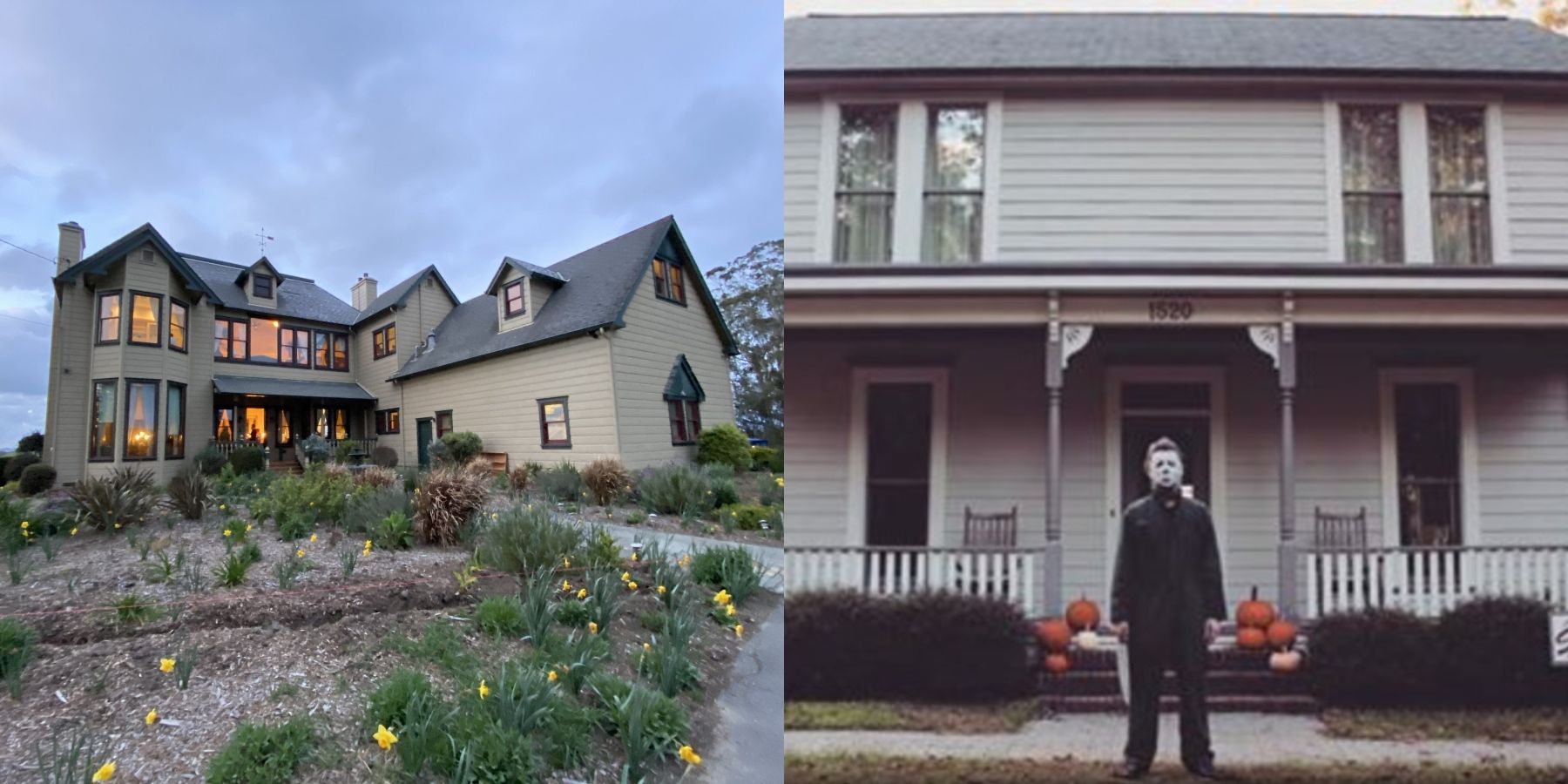 Split image of the houses in Scream and Halloween