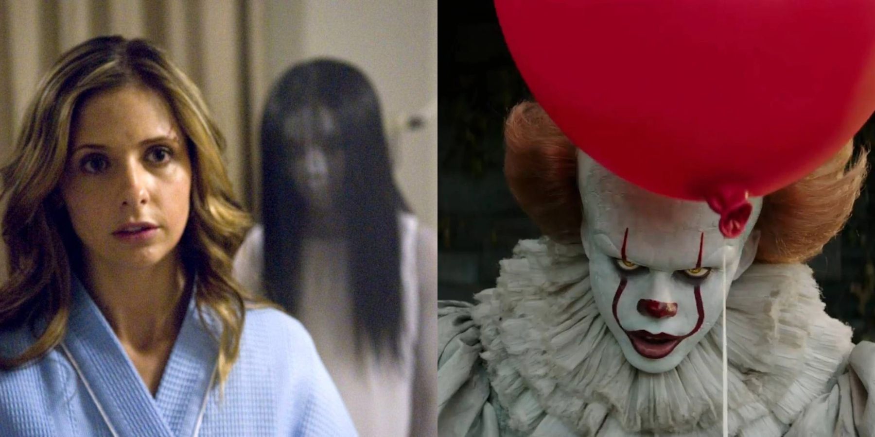 Split image of Sarah Michelle Gellar with a spirit in The Grudge and Pennywise in IT
