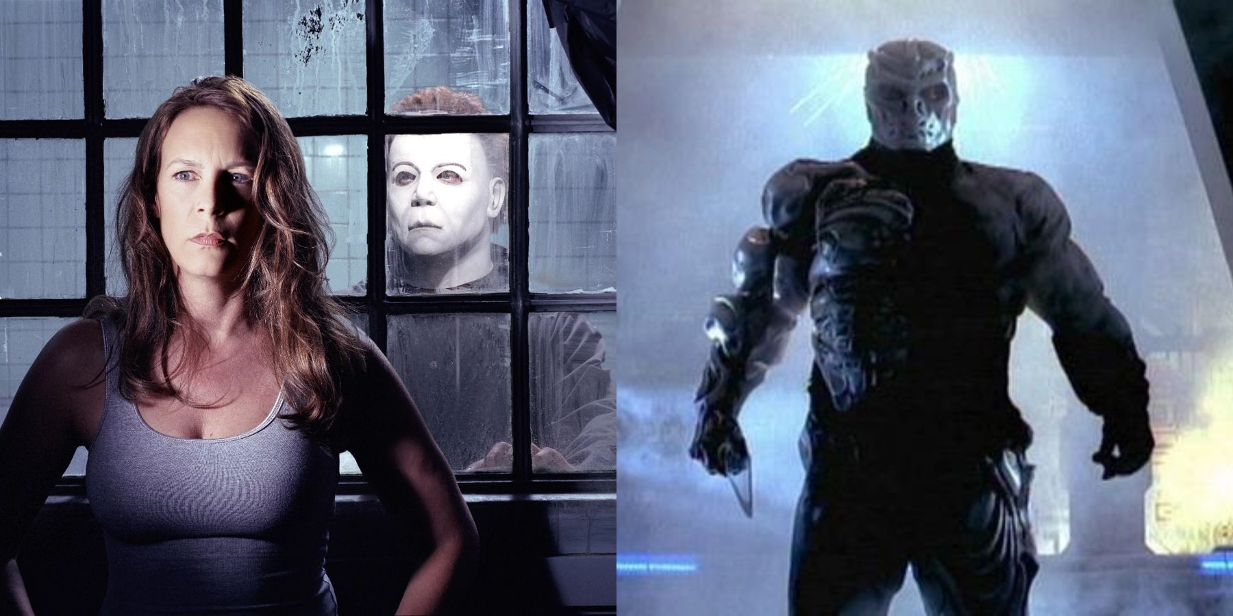 Split image of Laurie and Michael in Halloween: Resurrection and Jason Voorhees in Jason X