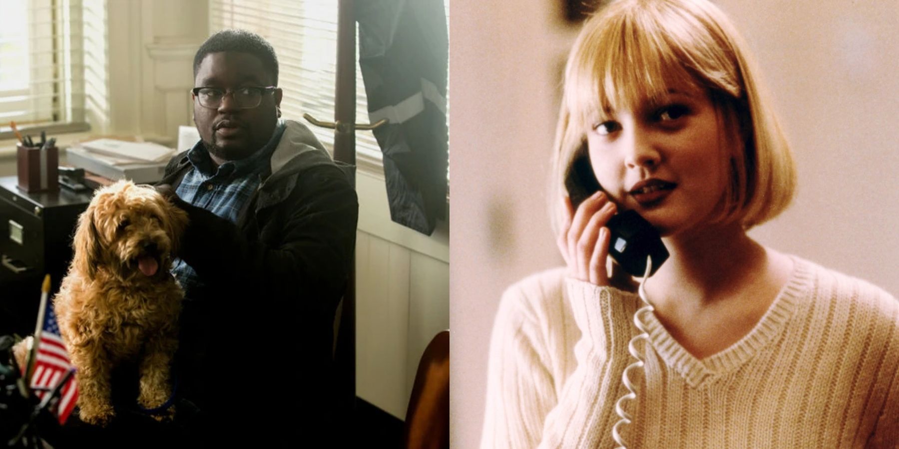 Split image of Rod Williams (Lil Rel Howery) in Get Out and Casey Becker (Drew Barrymore) in Scream