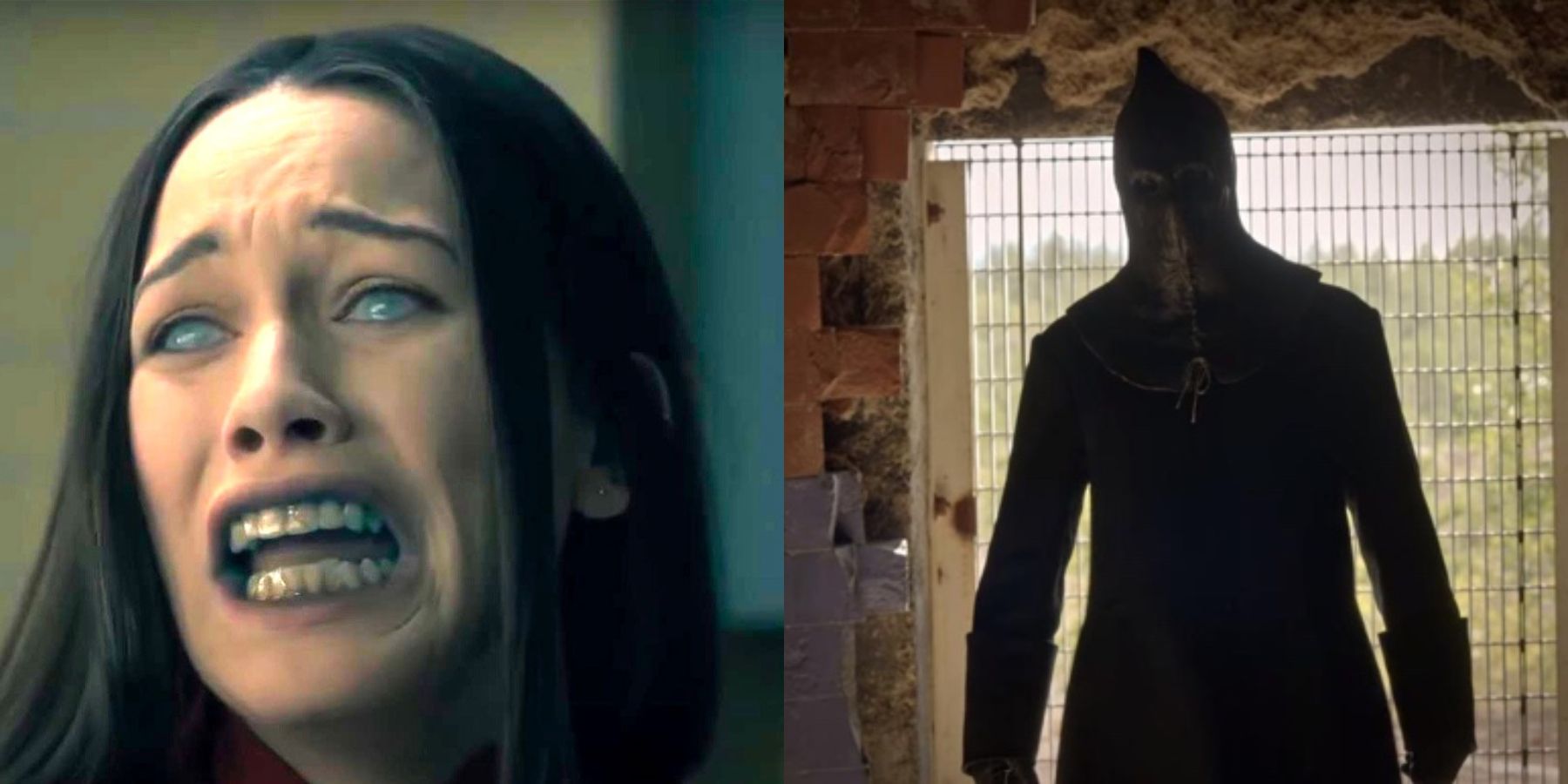 Split image of Nell Crain (Victoria Pedretti) in The Haunting Of Hill House and The Executioner killer in Slasher season 1