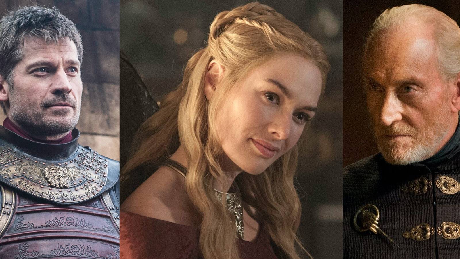 Jaime in his Lannister armor at Riverrun; Cersei smirking; Tywin as Hand of the King frowning