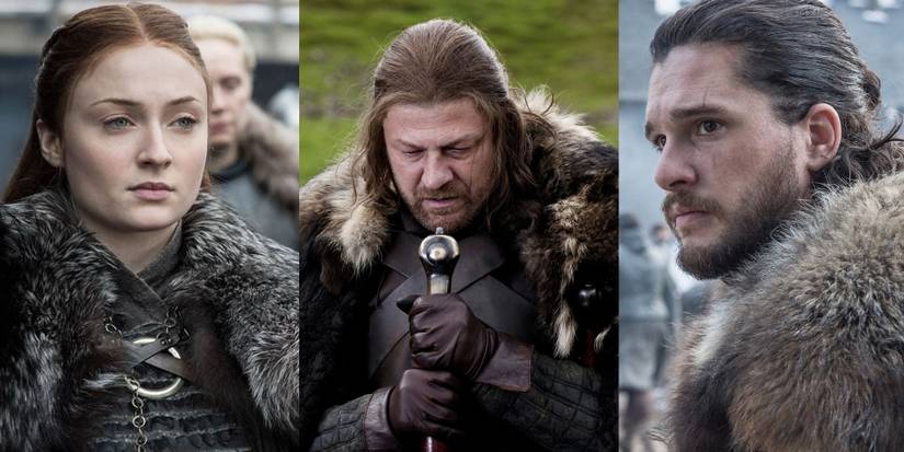 Sansa standing in Winterfell; Ned Stark with Ice praying before an execution; Jon Snow in his Stark attire in Game of Thrones.