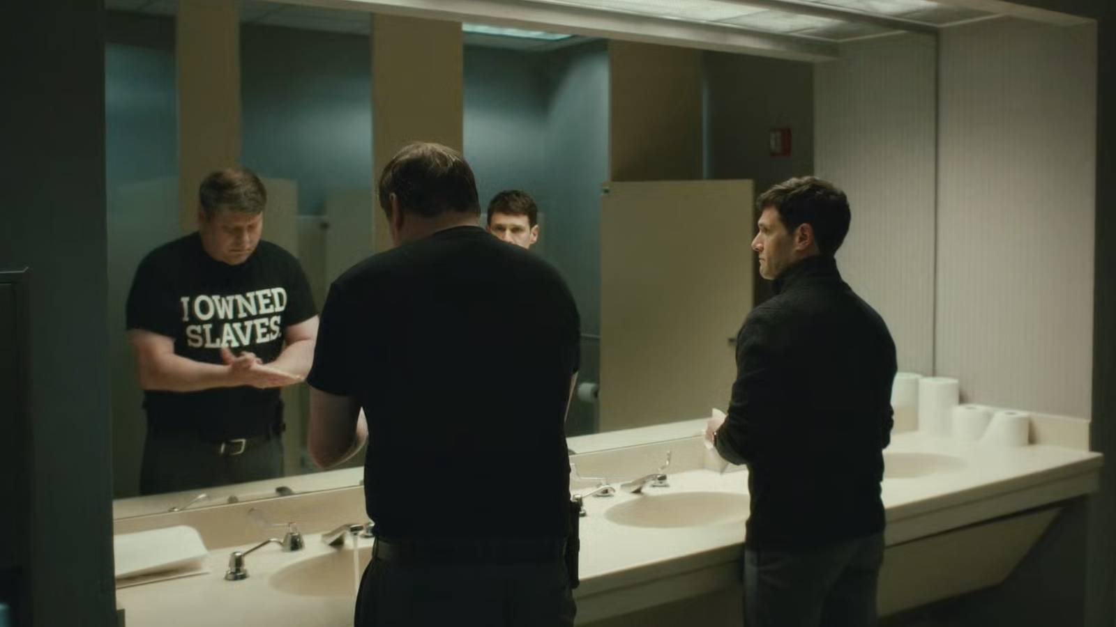 I owned slaves shirt bathroom scene in Atlanta