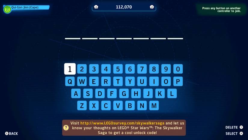 Cheat Code Entry for LEGO Star Wars: The Skywalker Saga