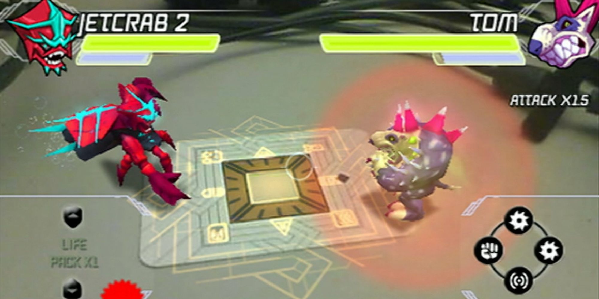 The battle screen of Invizimals showing an augmented reality of a Jetcrab 2 fighting a Tom