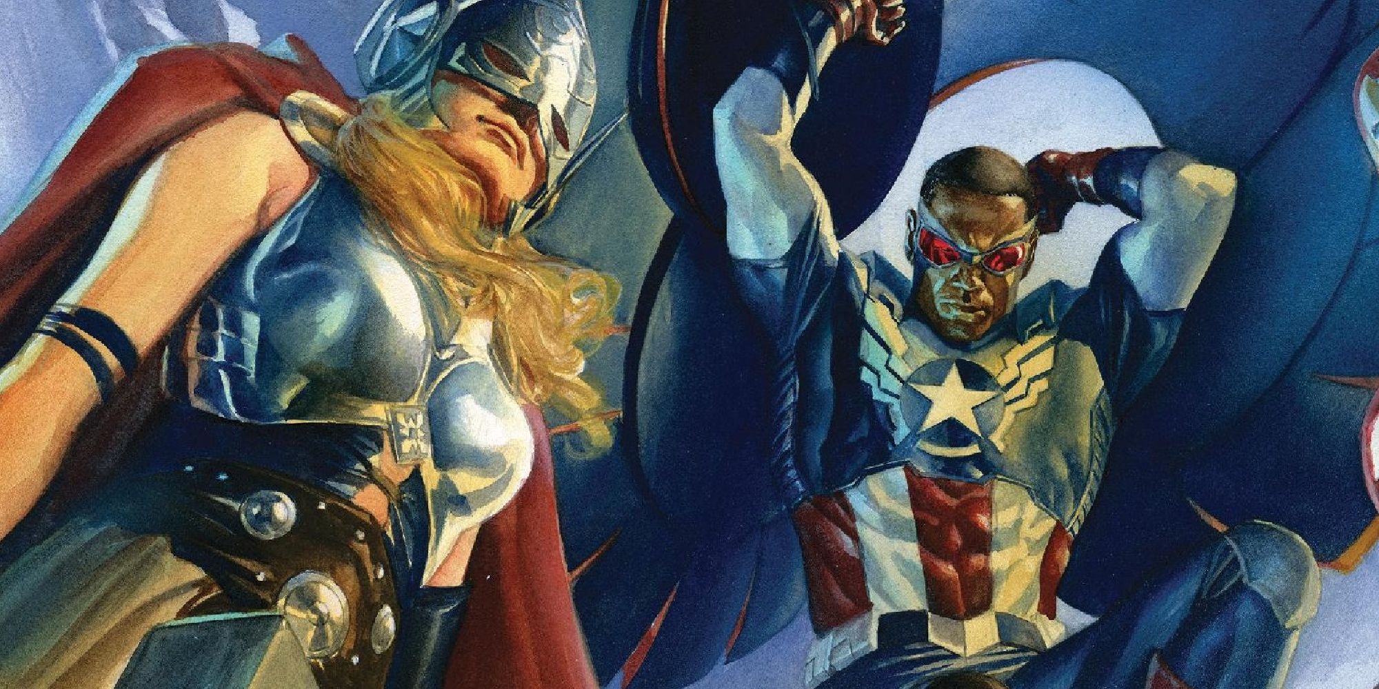 Jane Foster standing next to Sam Wilson as Captain America in a cover for All New, All Different Avengers