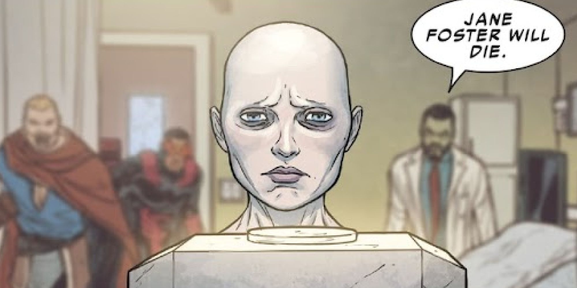 A cancer-ridden Jane stares at Mjolnir while Odinson and Strange advise her to give up the mantle