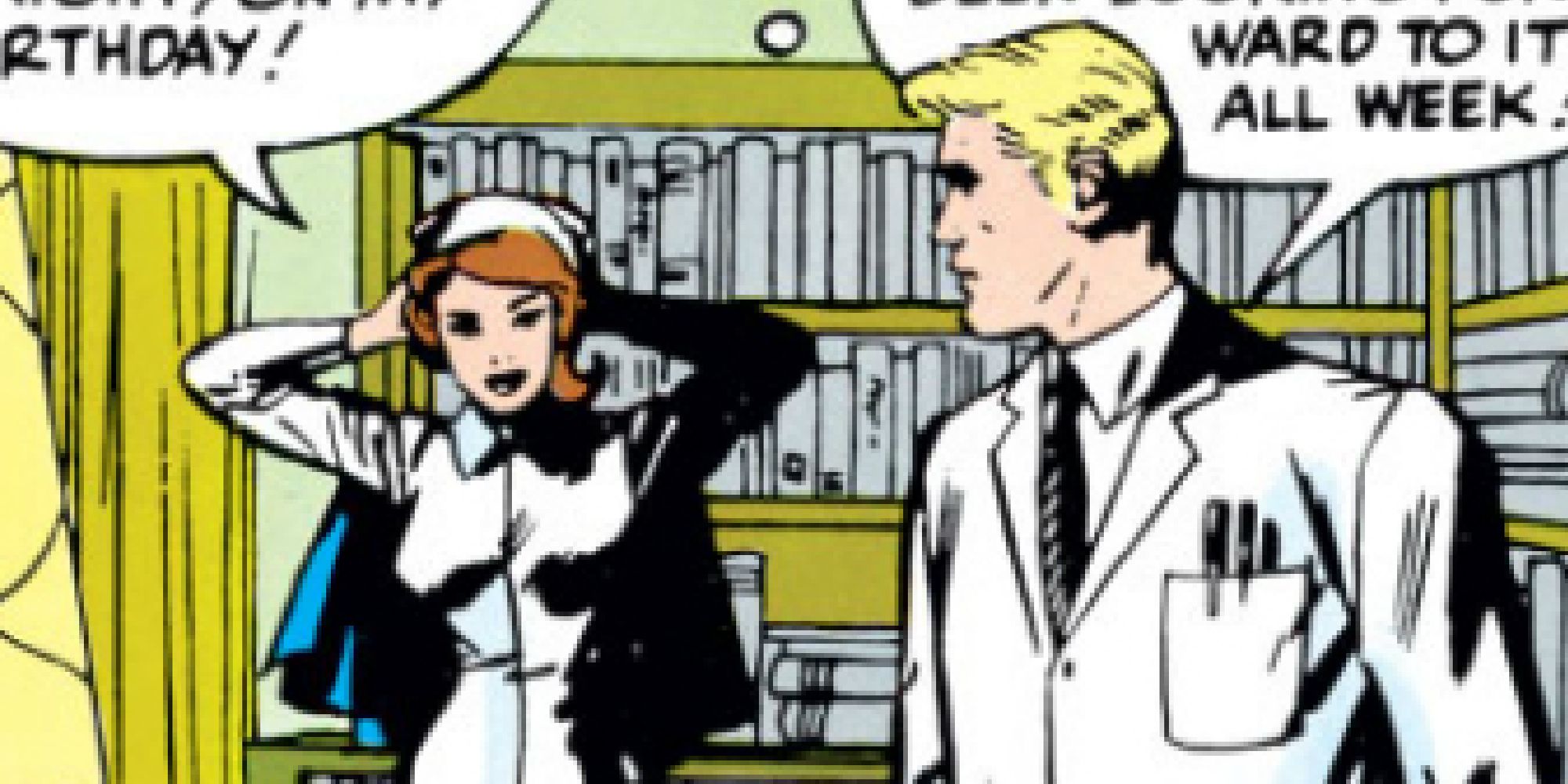 Jane Foster chatting with Dr. Donald Blake in the comics