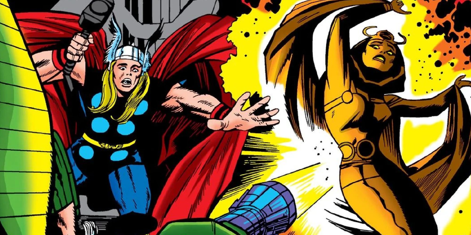 Thor trying to stop someone from shooting at Jane Foster in Asgardian garb in a comic cover