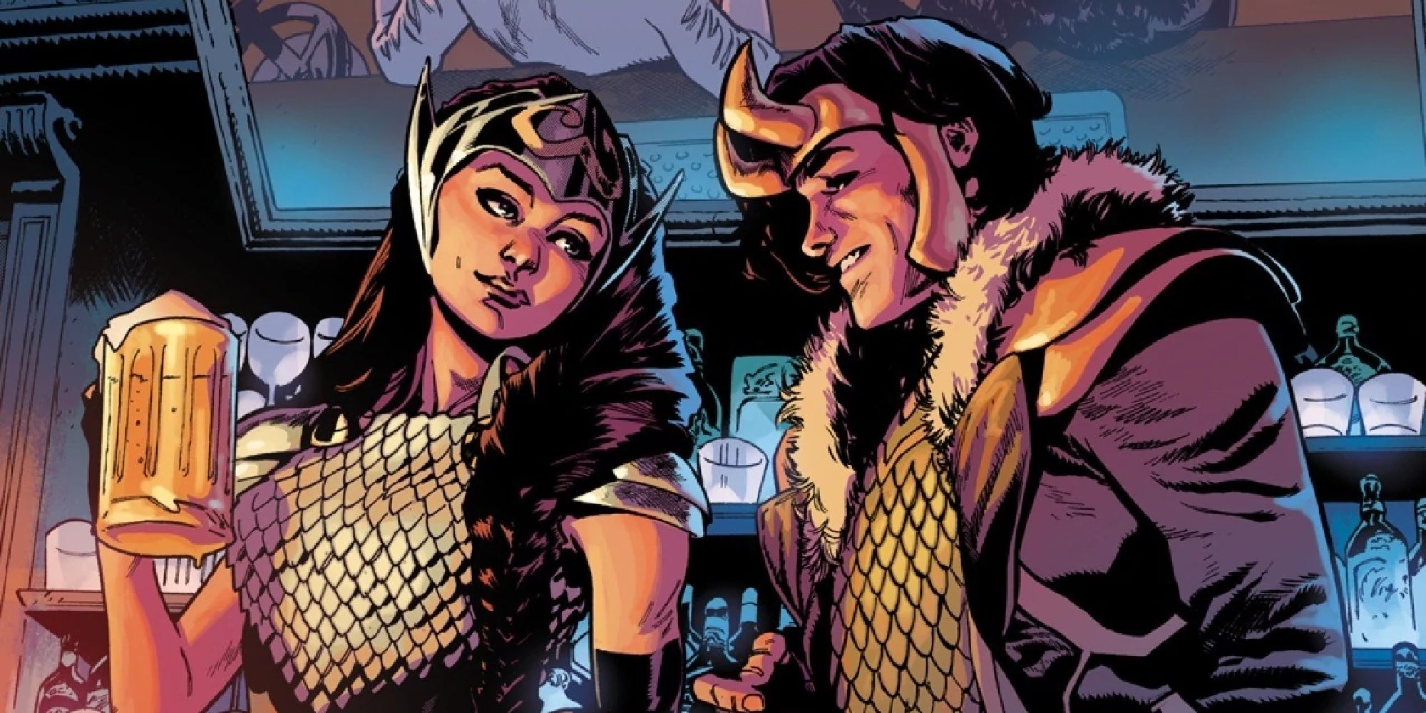 Jane Foster as a Valkyrie having a beer with Loki in the comics