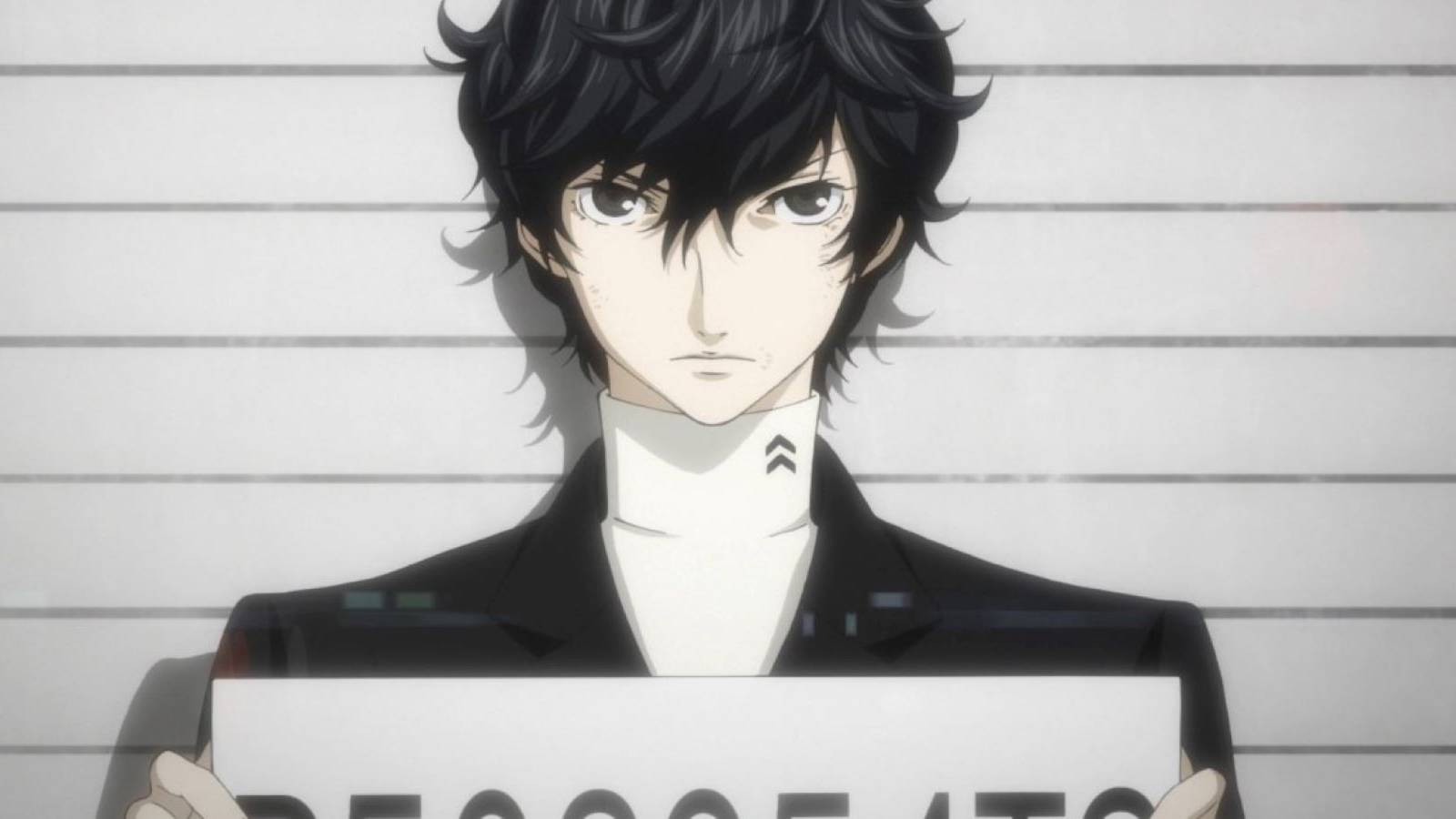 Joker under arrest and taking a mugshot at the start of Persona 5