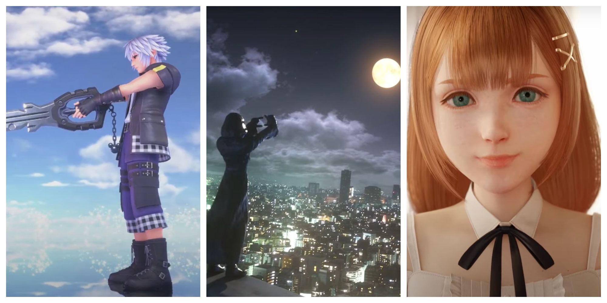 a young man with blue hair and a black and blue outfit holding out a blade with a black hand guard; a man in a black cloak holds his hands up to frame the moon while overlooking a bustling city; a young woman with red hair smiles toward the viewer