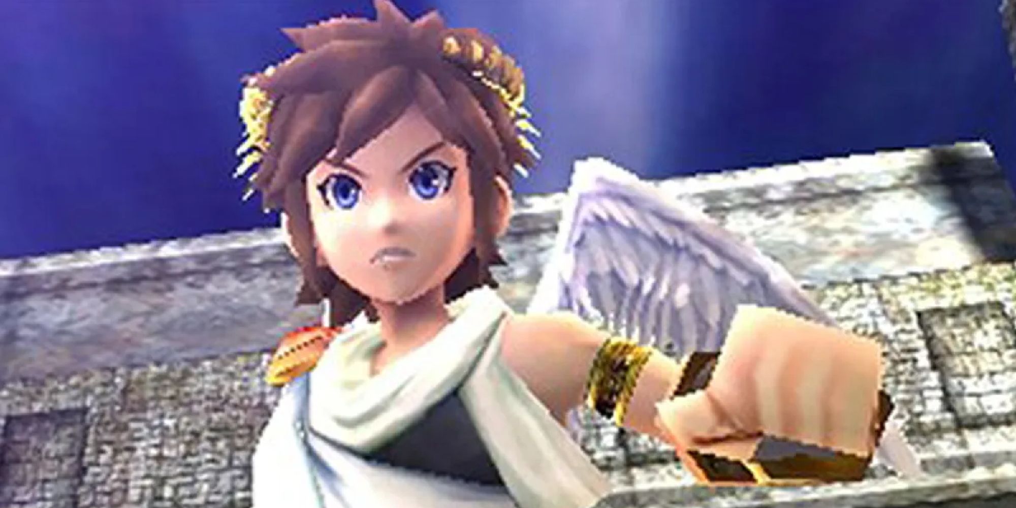 Pit looking concerned near a temple in a cutscene from Kid Icarus Uprising