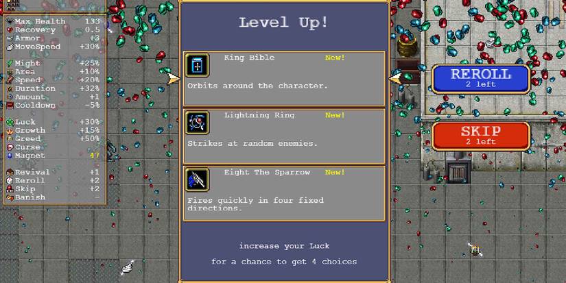 Selecting the King Bible weapon in Vampire Survivors