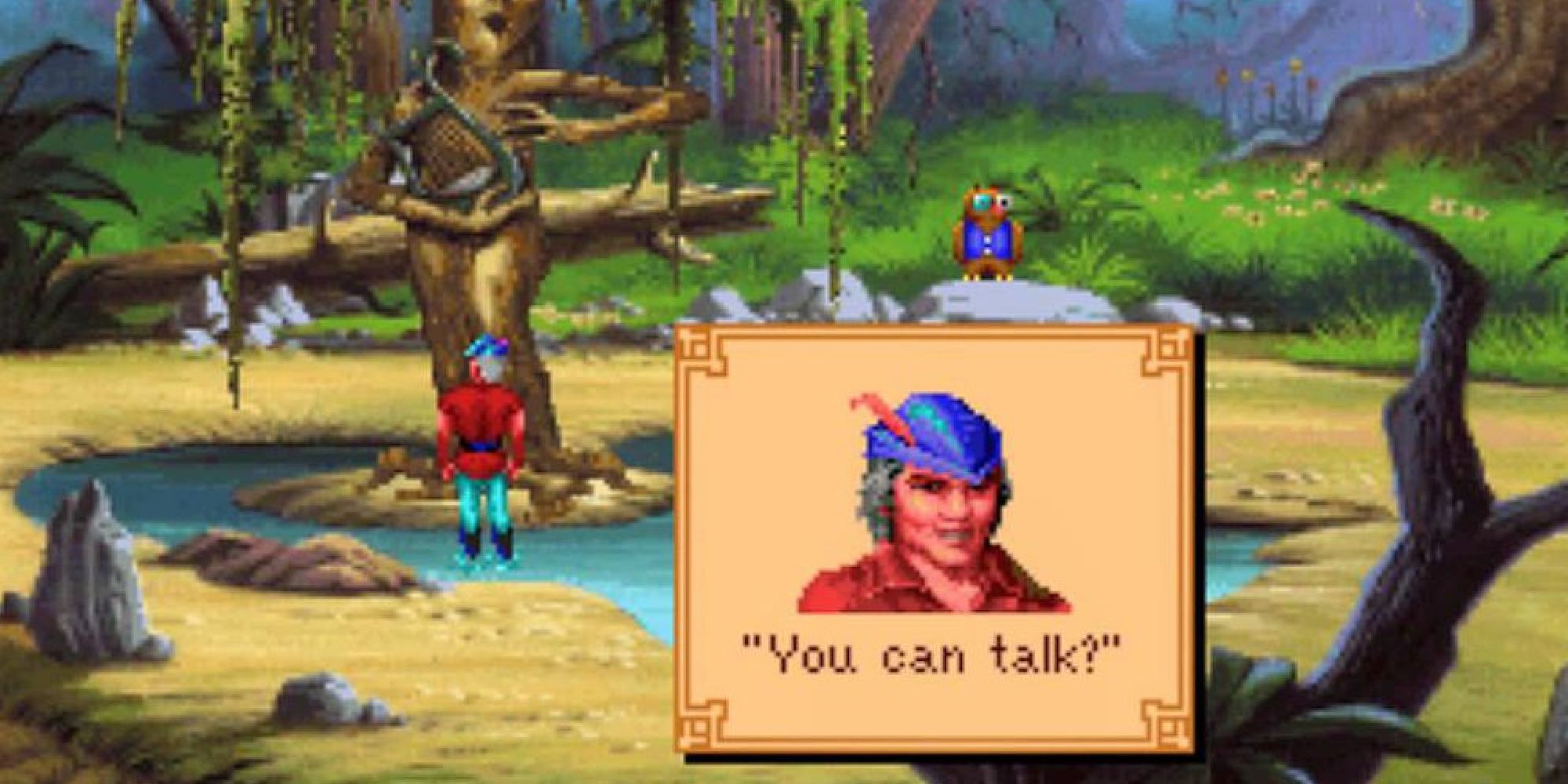 King Graham talking to Cedric the Owl in a forest in King's Quest V