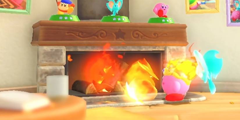 Kirby and the Forgotten Land fireplace lighting fire with figurines