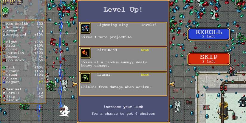 Selecting the Laurel weapon in Vampire Survivors