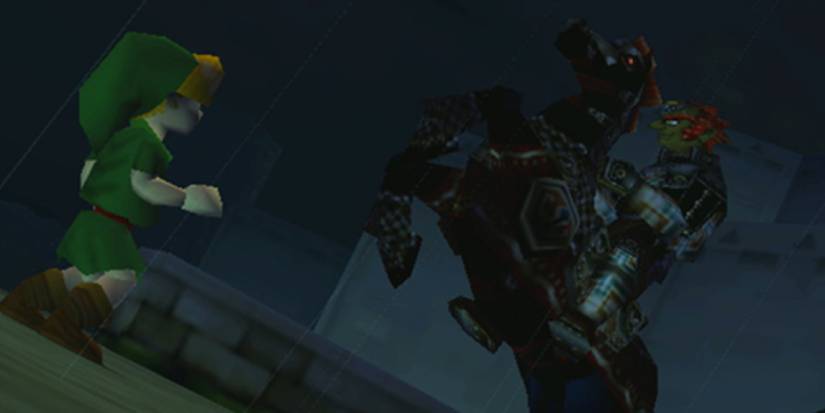 Young Link staring up at Ganondorf riding a horse outside Castle Town in Ocarina of Time