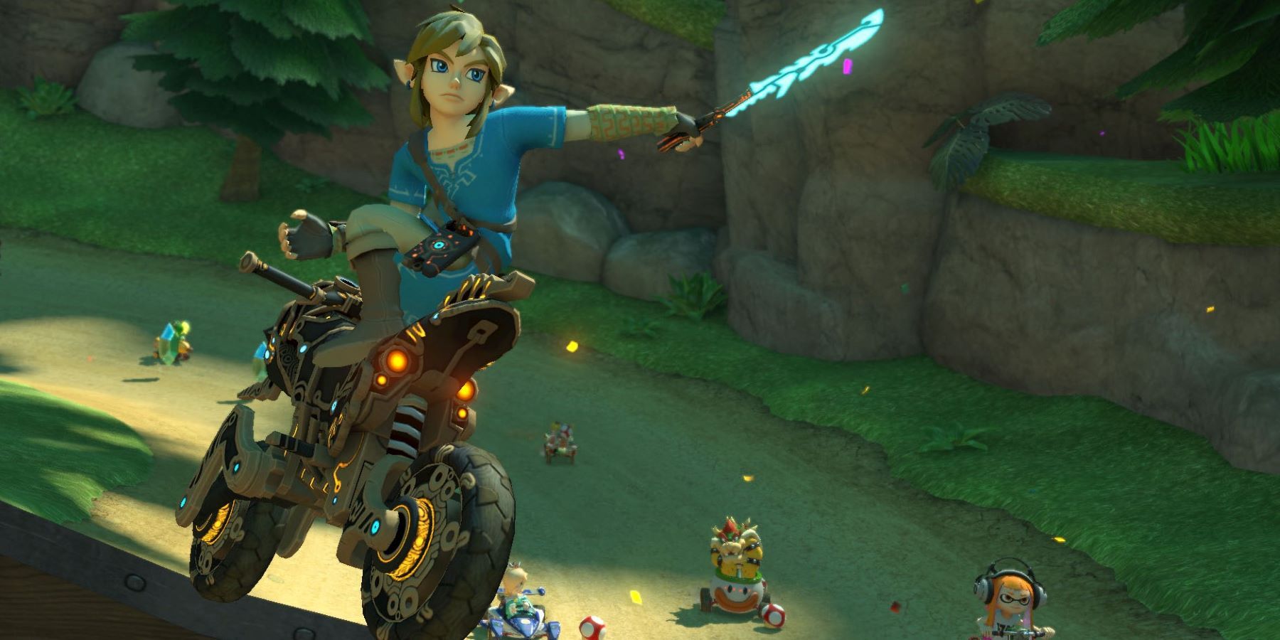 Link holding a Guardian Sword in a Mario Kart 8 Deluxe race, with Rosalina, Bowser, and an Inkling in the background