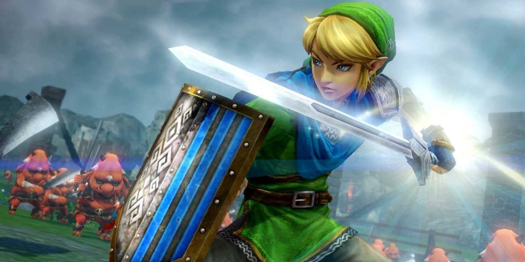 Link prepares an attack against multiple Bokoblins in Hyrule Warriors