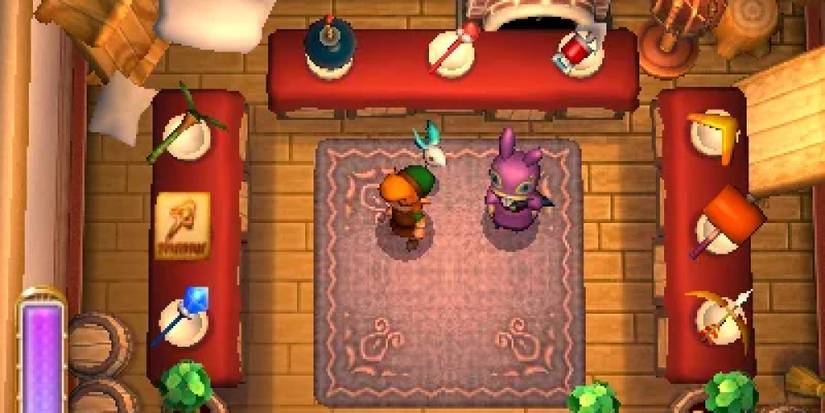 Link standing in the center of Ravio's item rental shop in A Link Between Worlds
