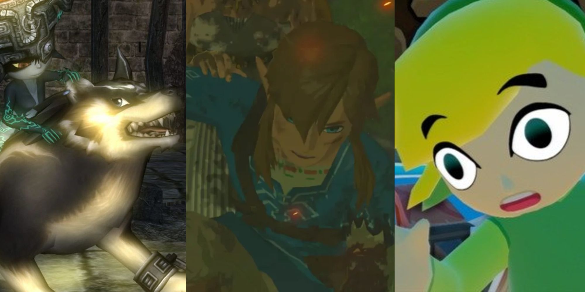 Midna riding Wolf Link in Twilight Princess; A dirtied Link kneeling in battle in BOTW; A shocked Toon Link on a boat in Wind Waker