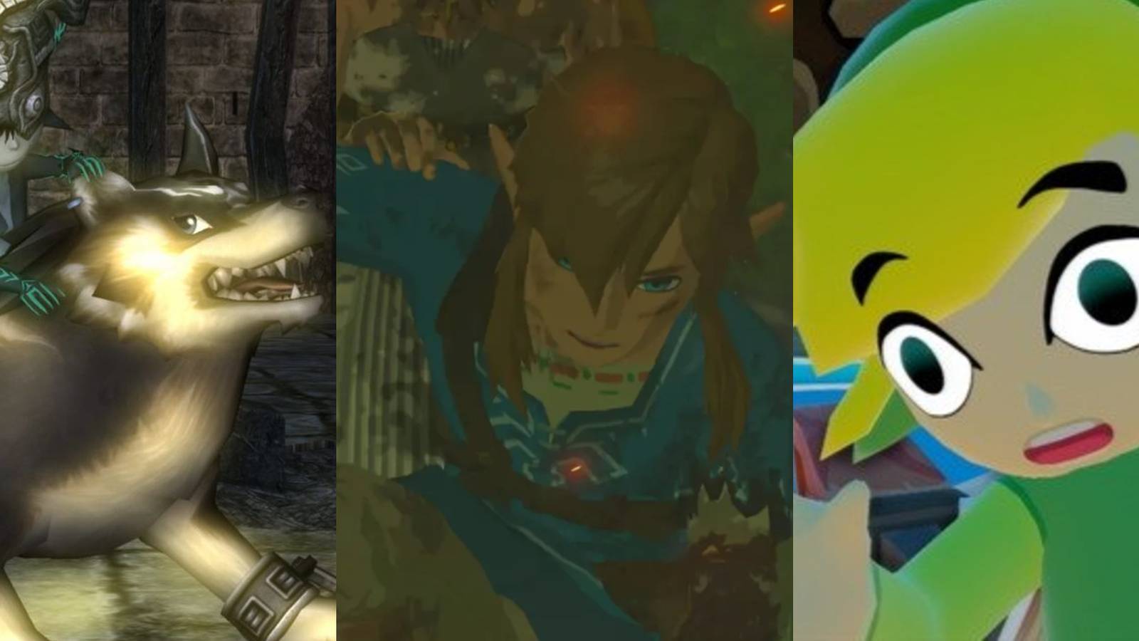 Midna riding Wolf Link in Twilight Princess; A dirtied Link kneeling in battle in BOTW; A shocked Toon Link on a boat in Wind Waker