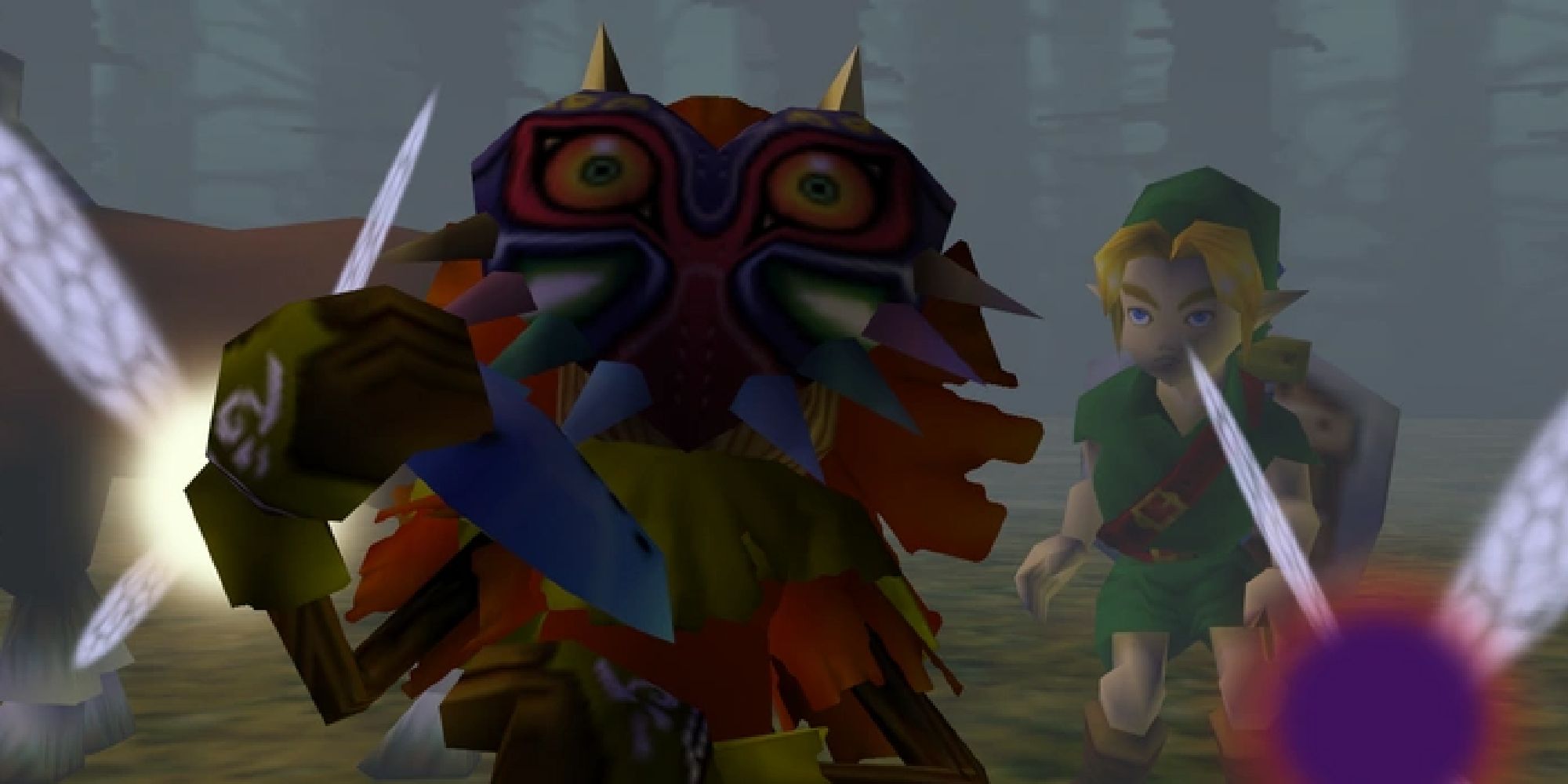 Skull Kid holding the ocarina of time in front of Link and Epona, standing next to Tatl and Tael.