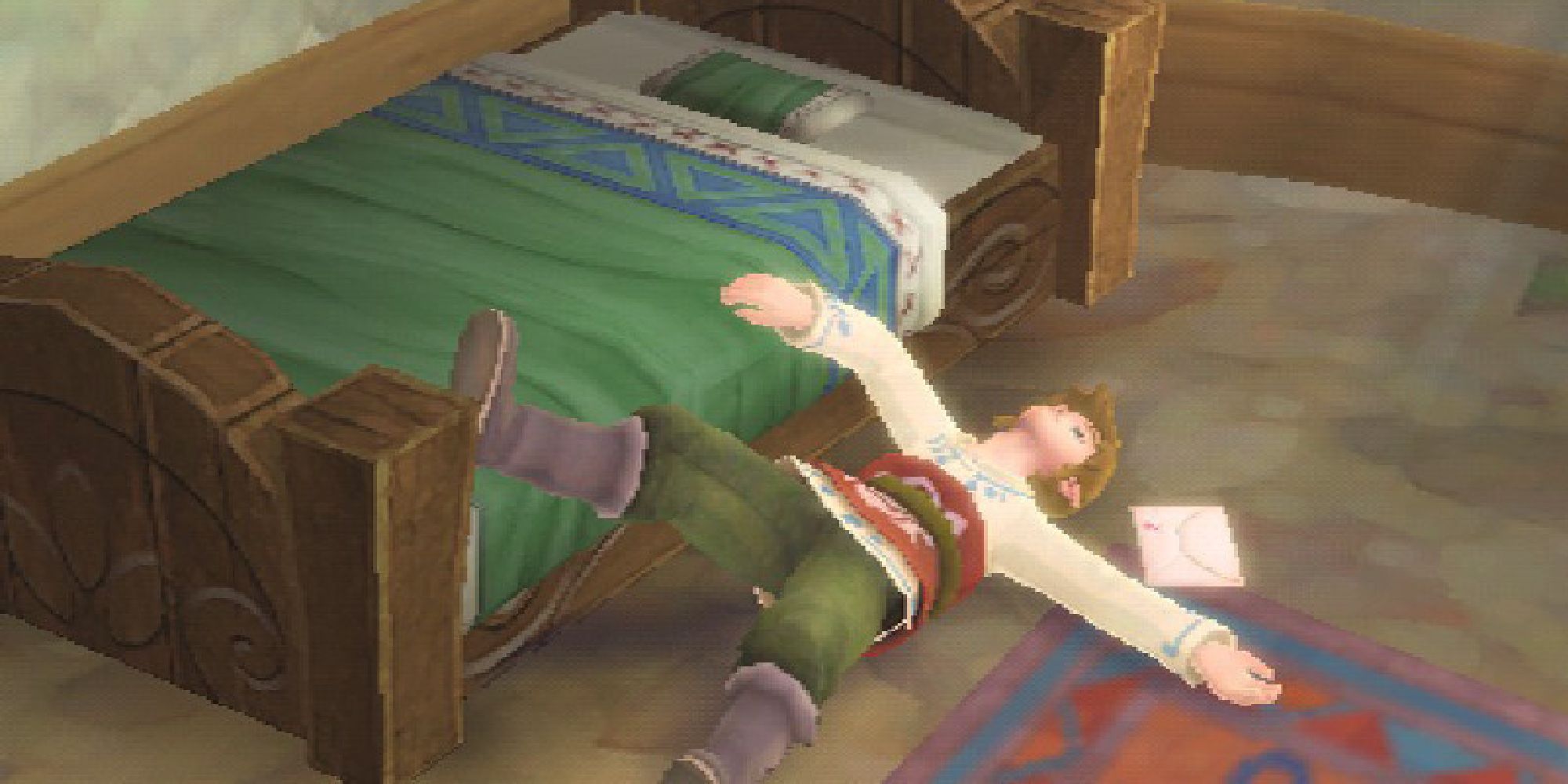 Link having fallen off his bed while sleeping in Skyward Sword