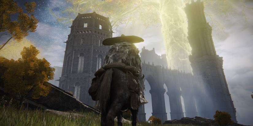 Elden Ring Tarnished Looking at Liurnia Divine Tower 