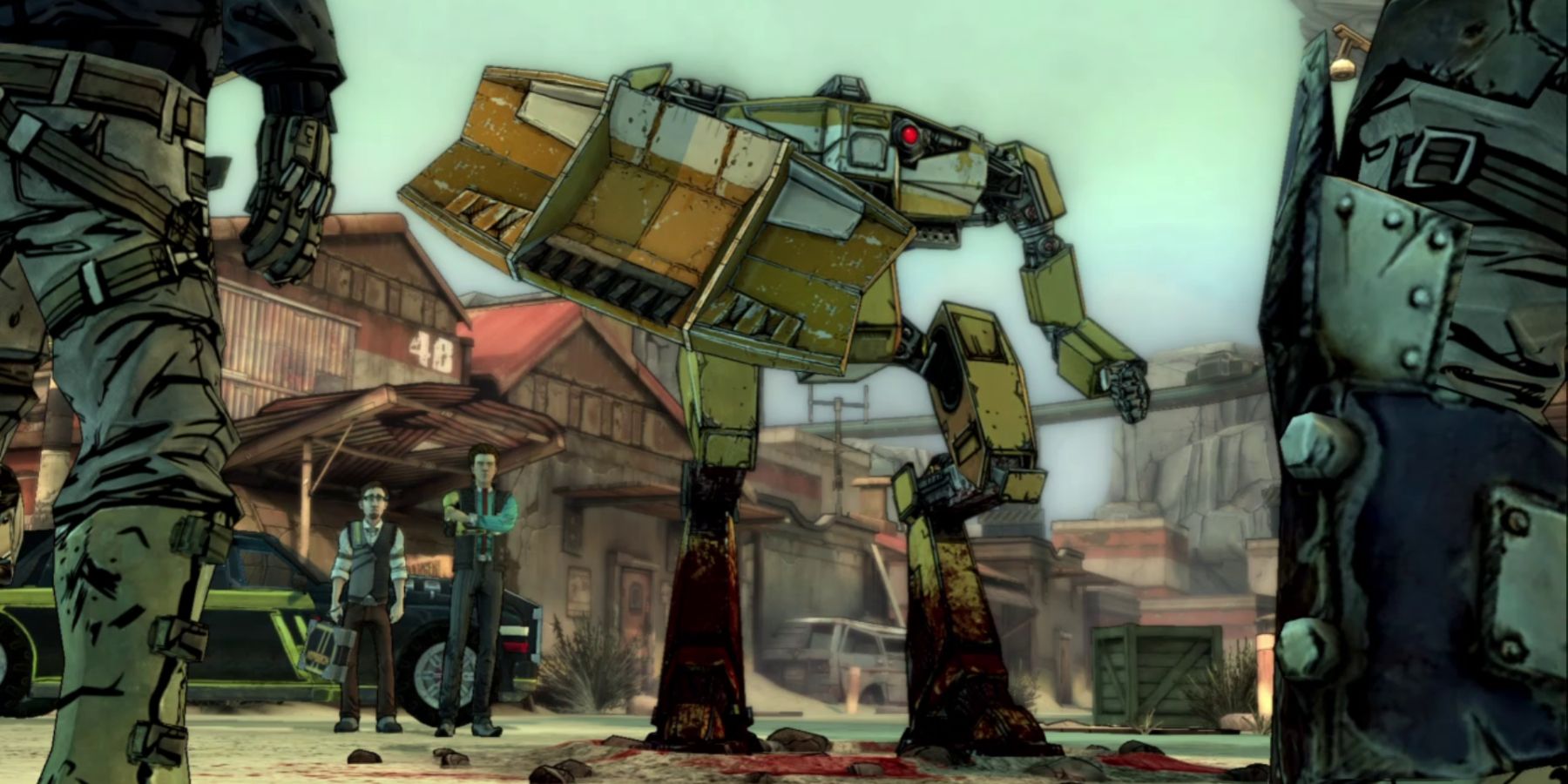 a tall, yellow robot with a bulldozer on one arm stands in a town square facing two men who are barely visible in the foreground