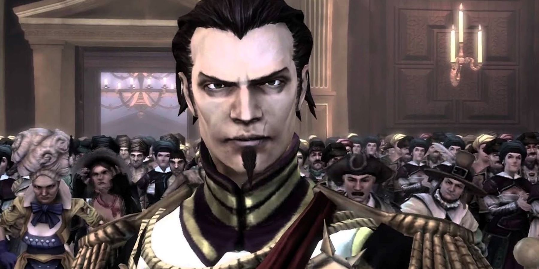 Fable 3's Logan facing judgment with a gathered crowd
