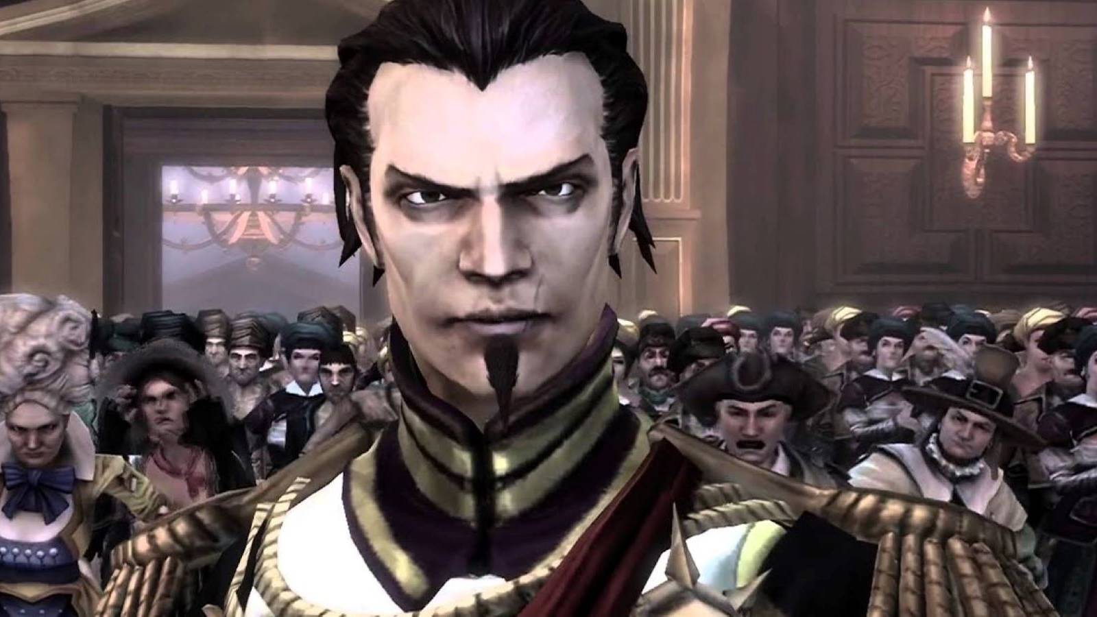 Fable 3's Logan facing judgment with a gathered crowd