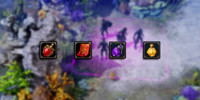 Lost Ark - Consumables For Sea Of Indolence Abyssal Dungeon Overlaid On Blurred Image Of Party Members In Wetsuits