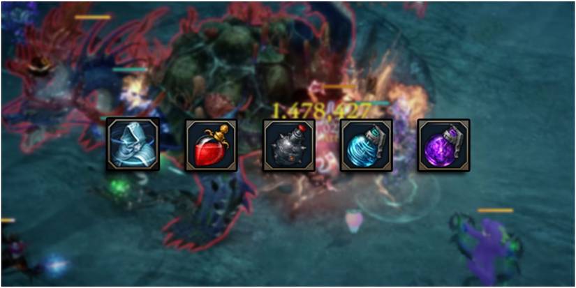 Lost-Ark---Consumables-For-Tranquil-Karkosa-Abyssal-Dungeon-Overlaid-On-Blurred-Image-Mid-Fight-With-Drakhan-1