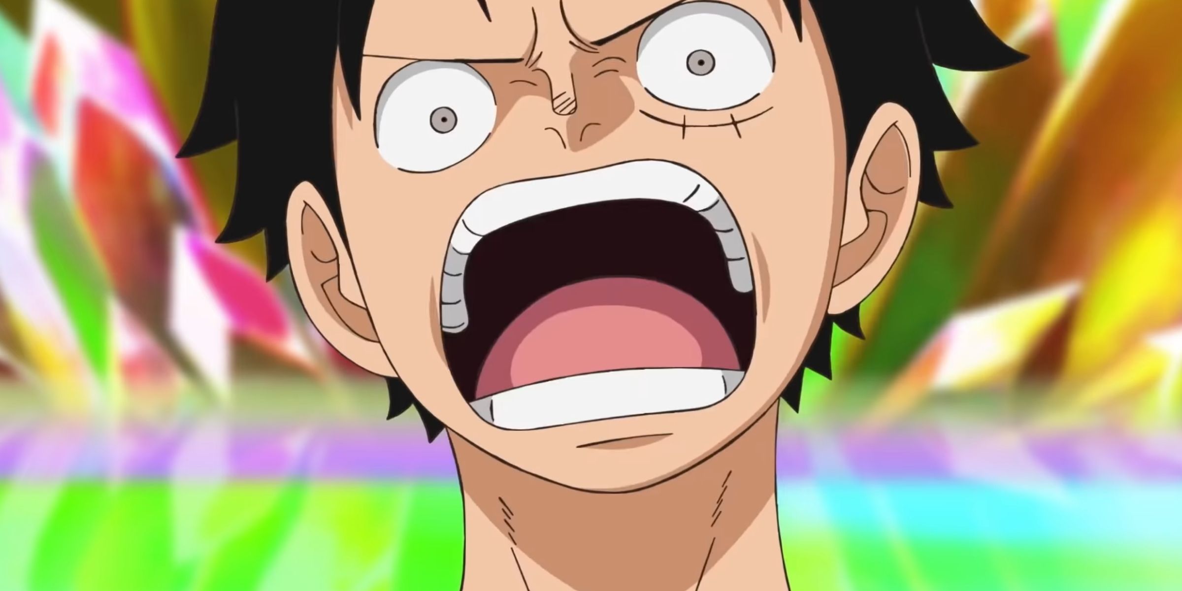 One Piece's Luffy shouting in shock with teeth bared