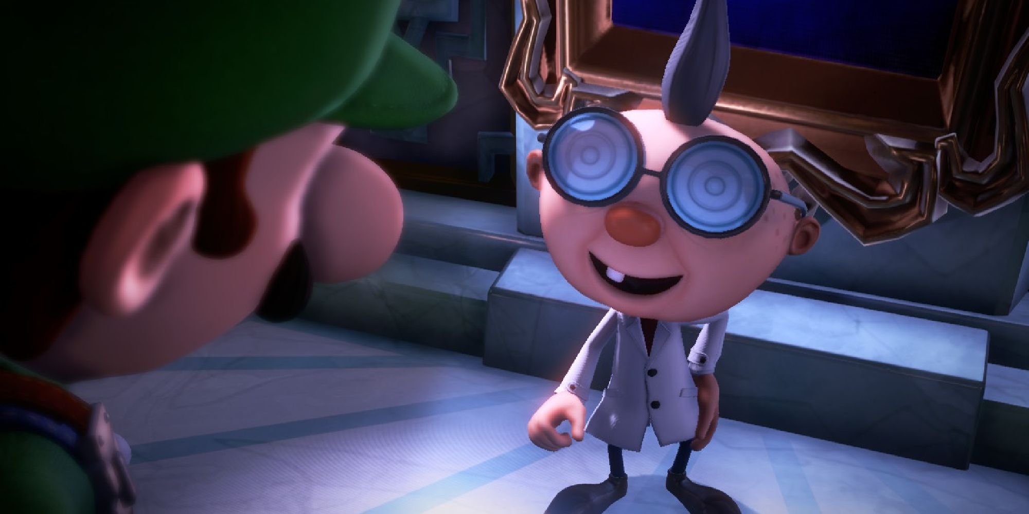 Luigi talking to Professor E. Gadd in a cutscene from Luigi's Mansion 3