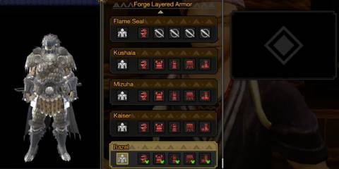 The armor select screen showing a male hunter in Bazelgeuse layered armor