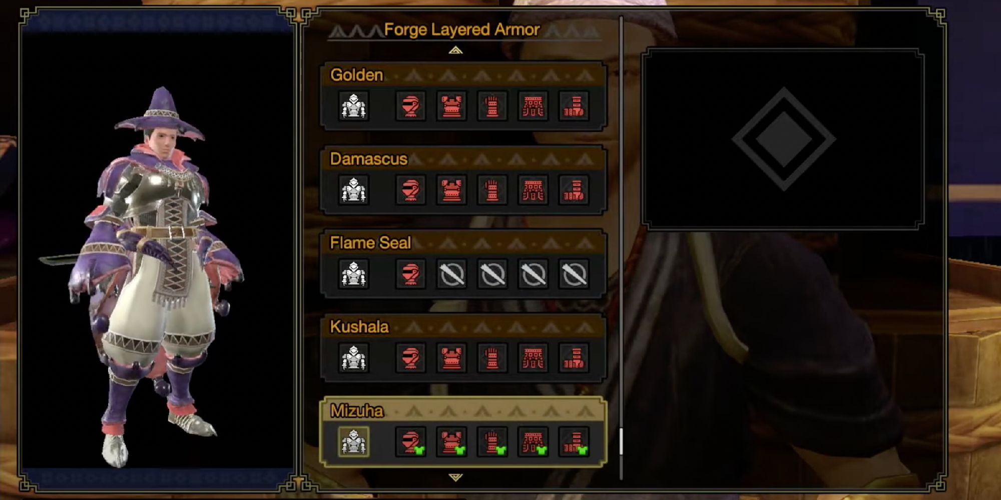 The armor select screen showing a male hunter in Mizuha layered armor
