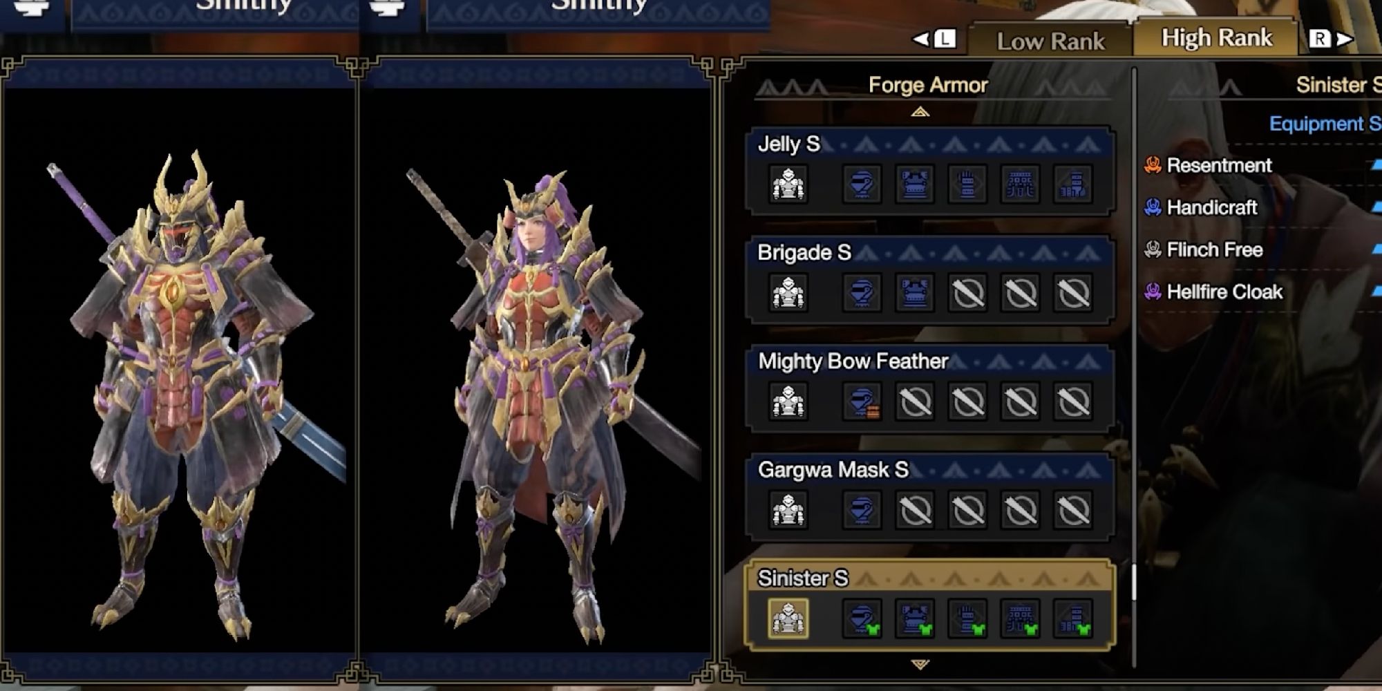 The armor forge screen showing a male and female hunter in High Rank Magnamalo armor