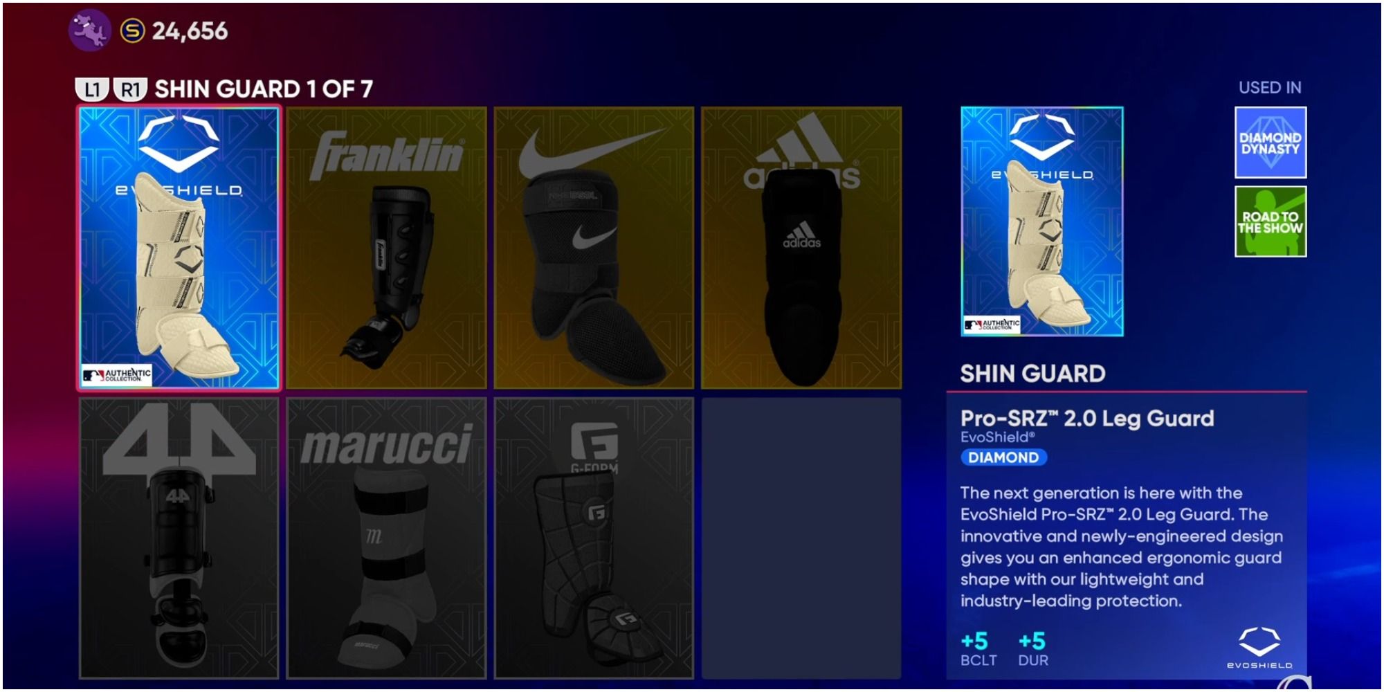 MLB The Show 22 Equipping The Pro-SRZ 2.0 Shin Guard