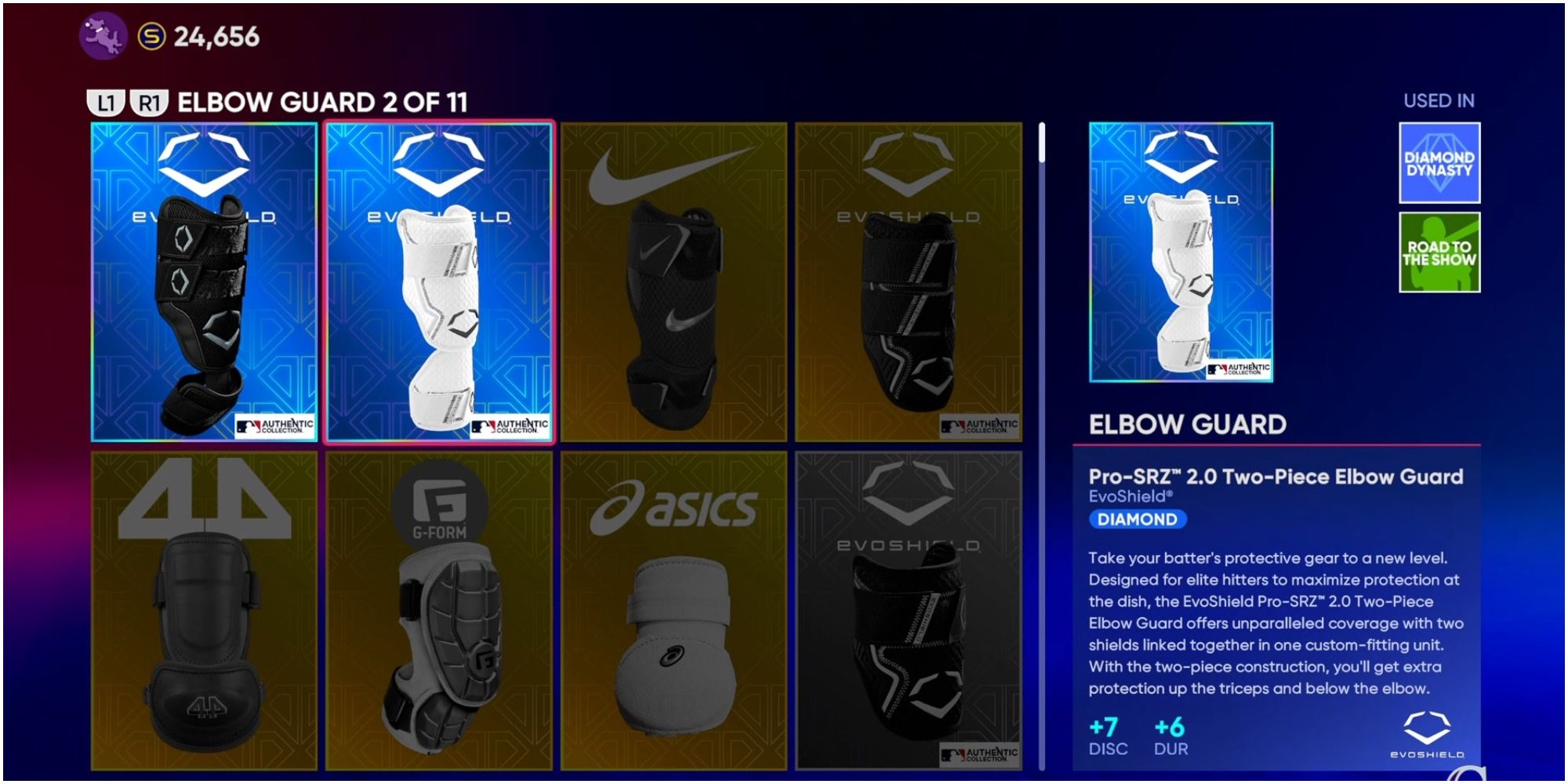 MLB The Show 22 Equipping The Pro-SRZ 2.0 Two-Piece Elbow Guard