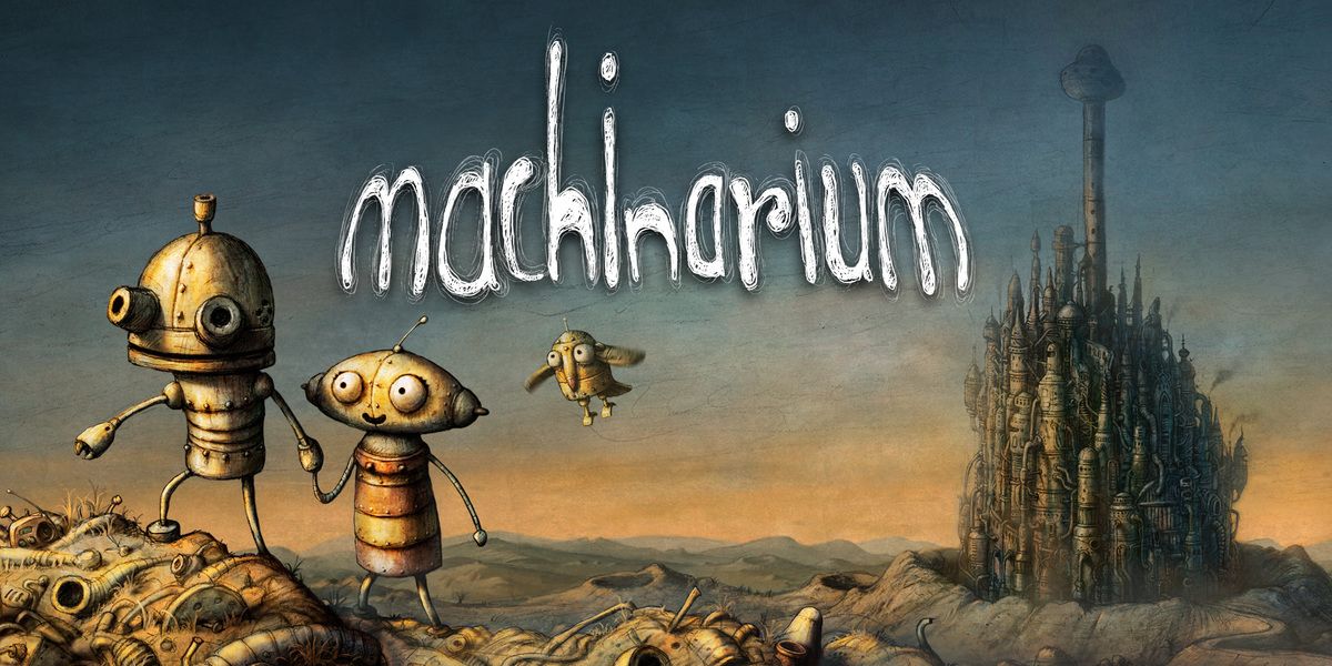 Title art for Machinarium with two characters holding hands