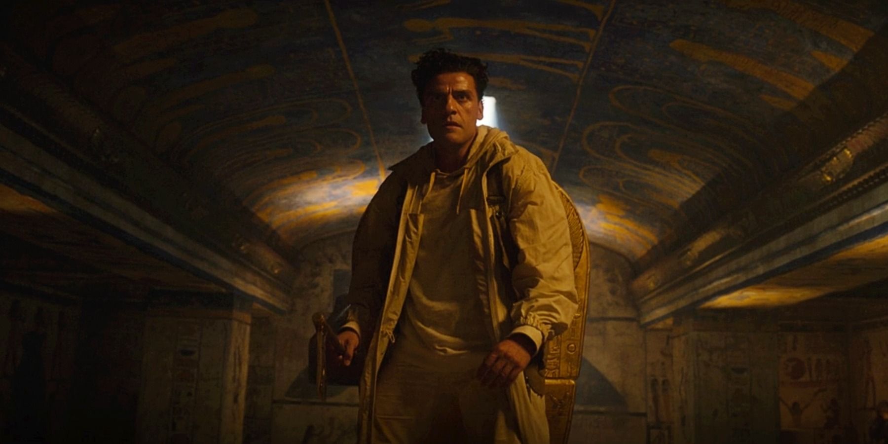 Oscar Isaac Marc with egyptian Axe in Moon Knight