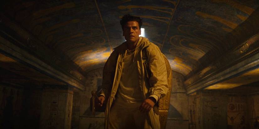 Oscar Isaac Marc with egyptian Axe in Moon Knight