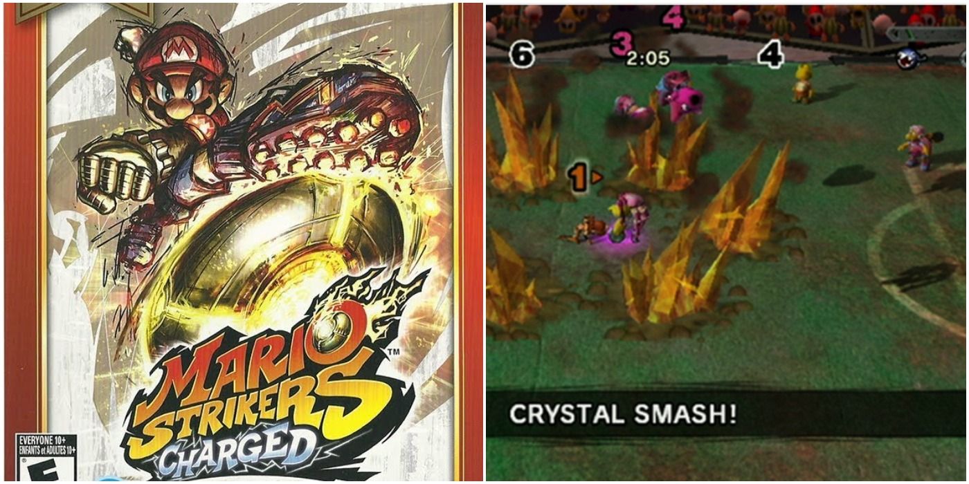 Mario Strikers Charged split image of box art and crystal smash move on soccer field