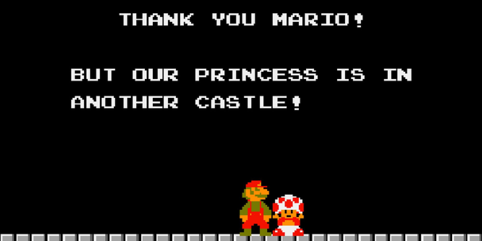 Toad telling Mario that the princess is in another castle in Super Mario Bros.