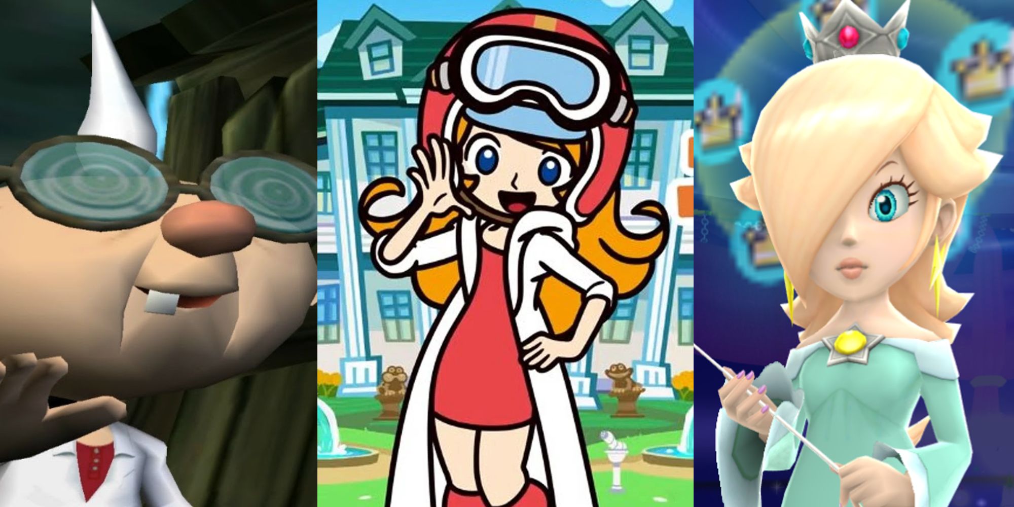 Professor E. Gadd appearing by his shack in Luigi's Mansion; Mona waving in WarioWare Get It Together; Rosalina with her wand in the Comet Observatory 